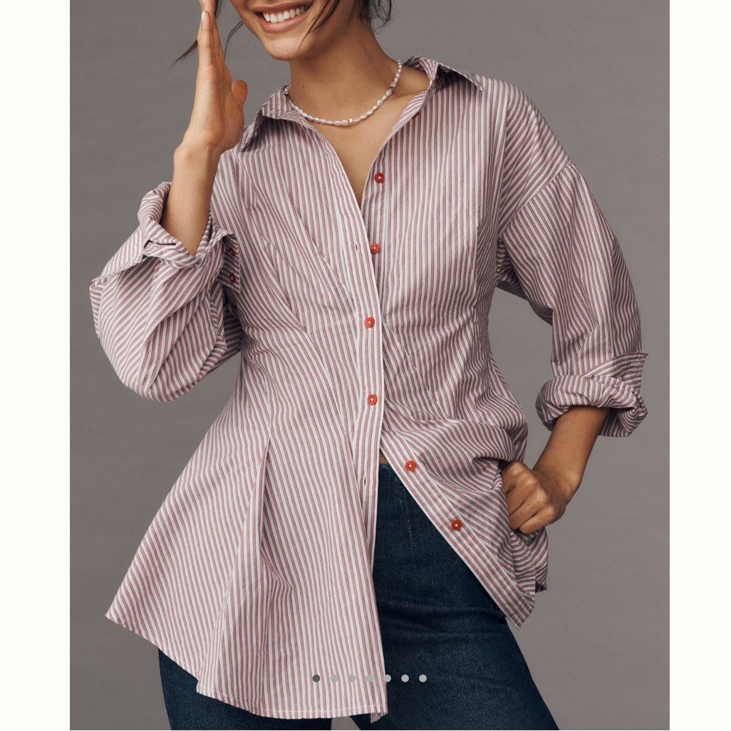 Anthropologie Long-Sleeve Waisted Button-Down Shirt *Petite Striped New Red